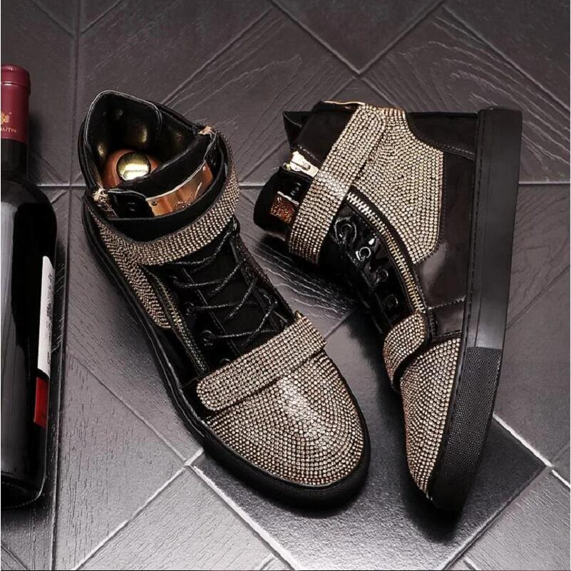 Men Fashion Casual Shoes Spring Autumn High Top Rhinestone Luxury Designer Sneakers Male Youth Trending Shoes