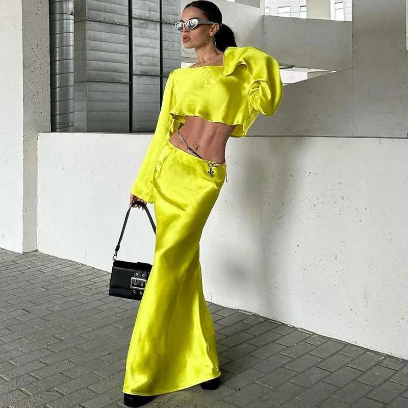 Vestido de duas peças jocoo jolee 2023 manga longa midi vestido define feminino 2 peça roupas fora do ombro superior bodycon cetim vestido de duas peças conjunto