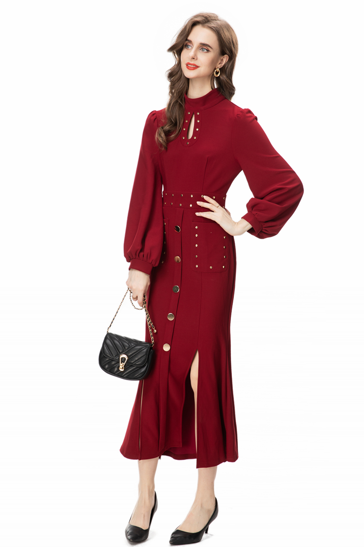 Women's Runway Dresses Stand Collar Long Sleeves Sexy Keyhole Rivet Knitted Fashion Designer Mid Vestidos