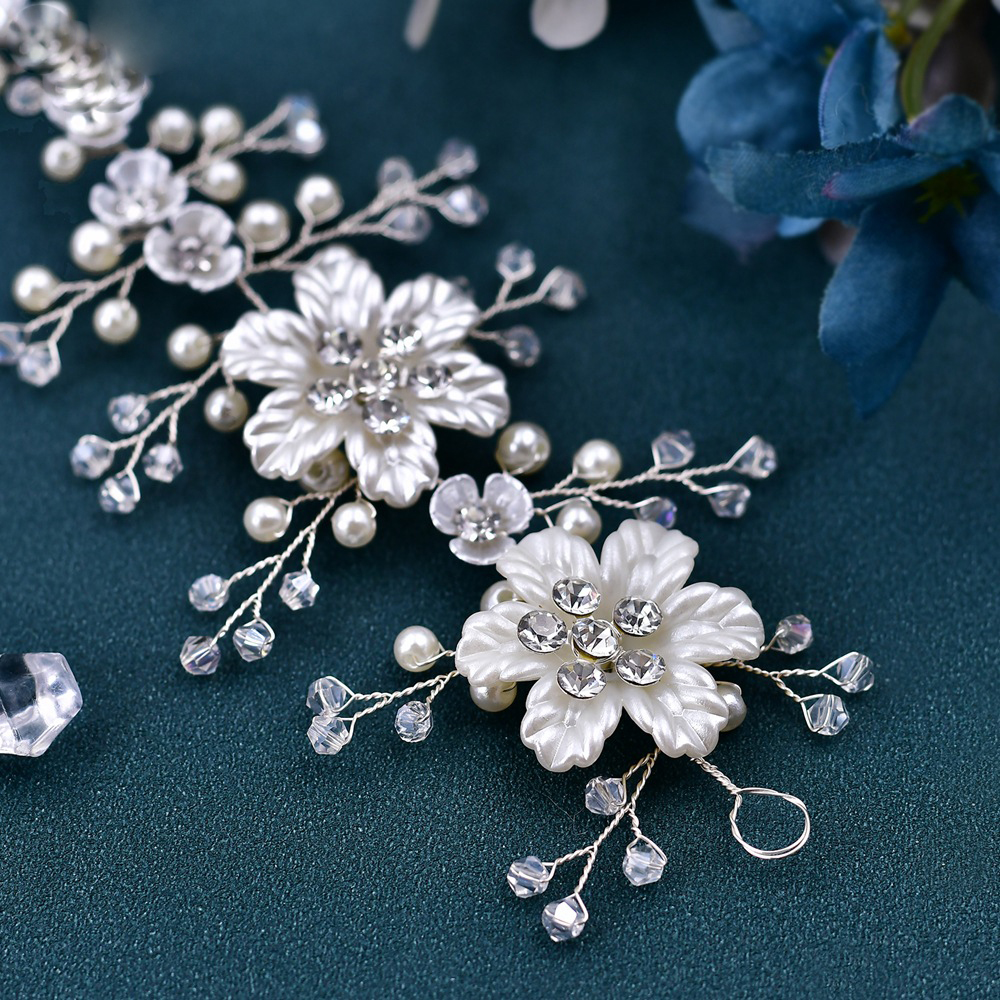 Ceramic Flowers Wedding Headbands for Bride Crystal Pearls Women Hairpins Bridal Headpiece Hair Jewelry