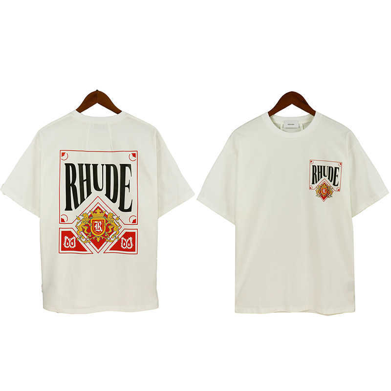 メンズTシャツブルーレッドカードプリントRhudeTシャツメンメンズメスサイズのファッションカジュアルホワイトティー高品質の夏のクラシックショートスリーブ