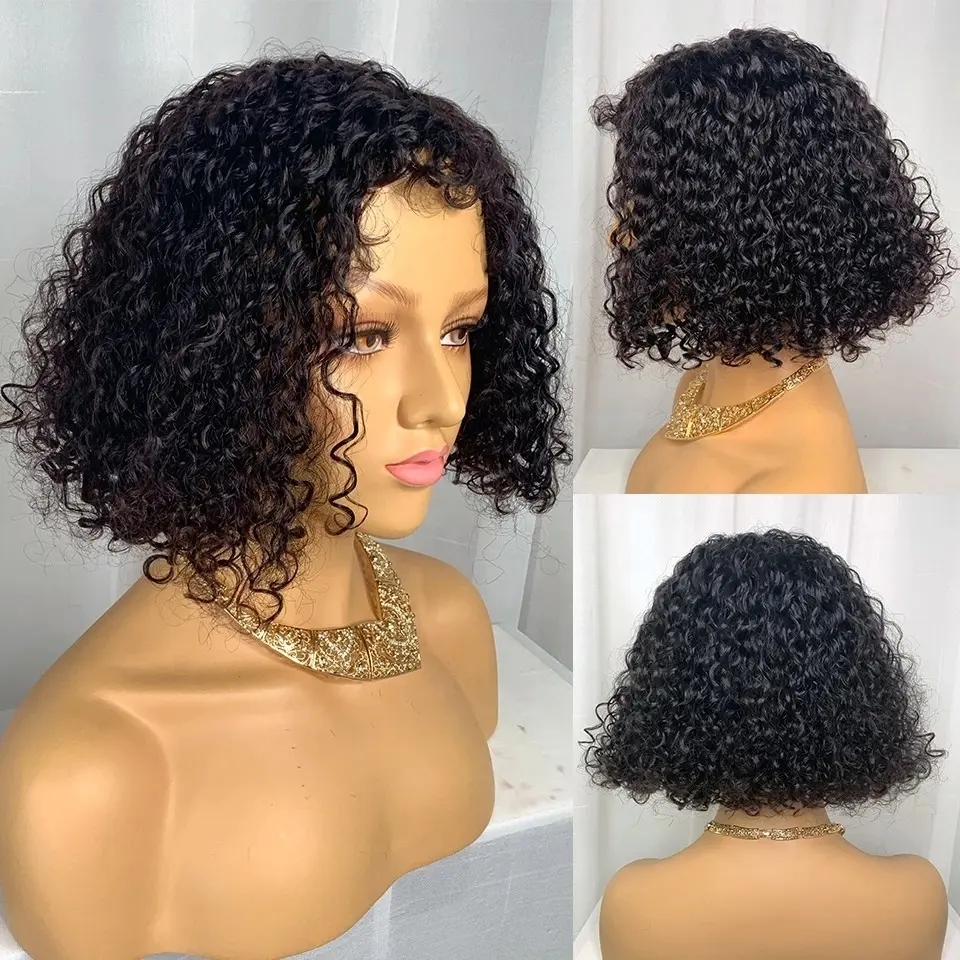 Novo design curto bob peruca frontal para preto onda de água brasileira cutícula sem cola alinhada laço feminino 1 peça cabelo humano