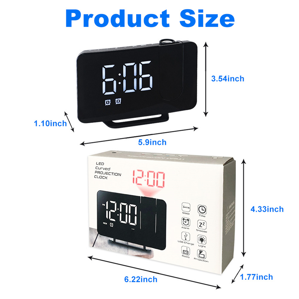 Despertador de projeção Timers Relógio grande LED digital Relógio Snooze Radio FM Relógio USB com projetor rotativo de 180 °, dimmer de brilho de 3 níveis, quarto