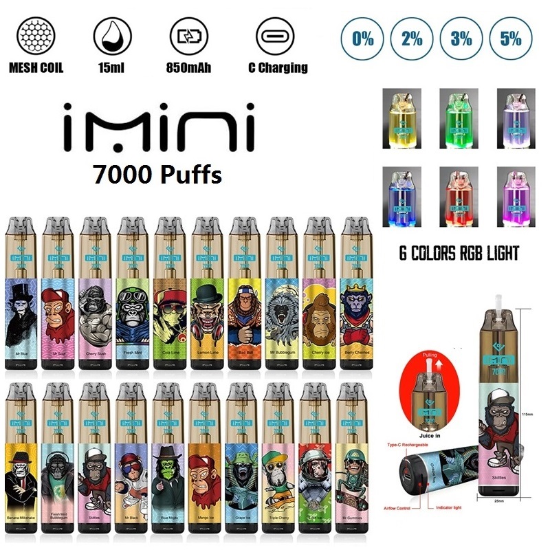 Authentique Shenzhen Imini Vape Tornado 7000 Puffes Cigarettes électroniques Dispositif Disposable 15 ml Capacité 850mAh Flow Air Flow Coil 0% 2% 5% 7000 8000 9000 Puff