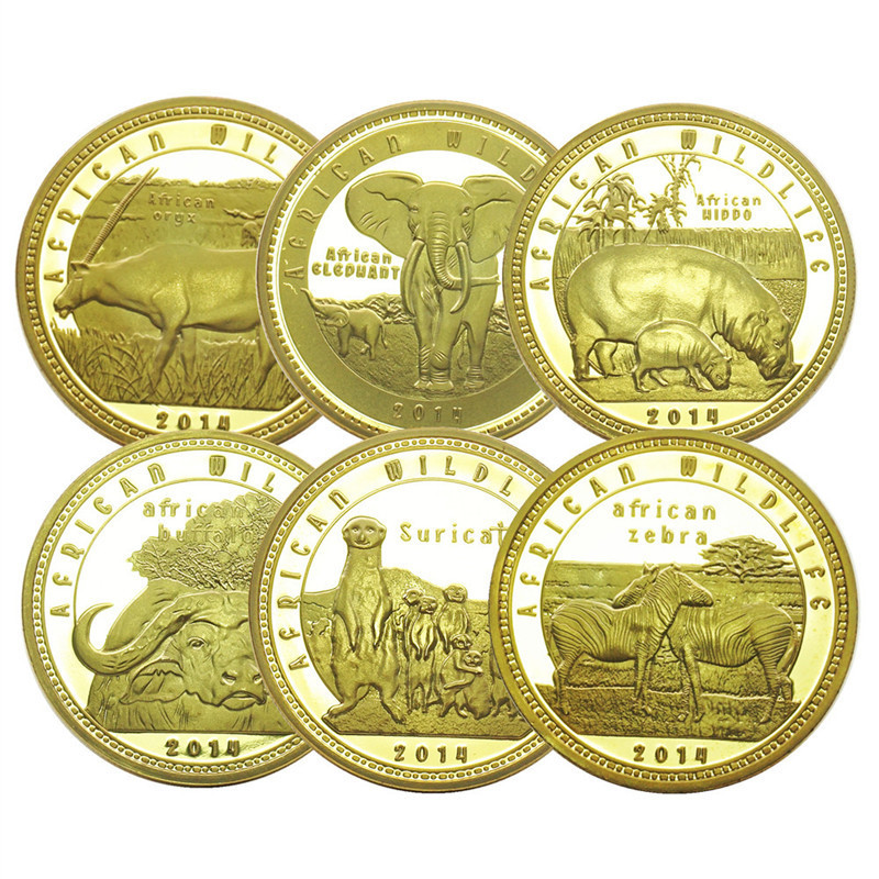 Moneta con emblema di Arti e Mestieri Moneta d'oro con animali Moneta commemorativa con ippopotamo elefante