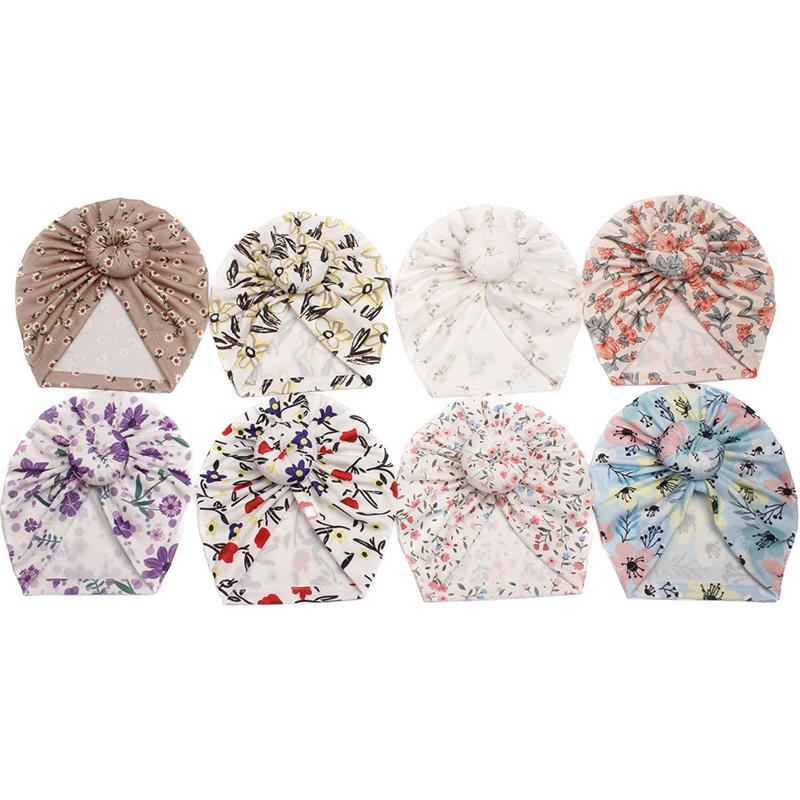 Blumendruck Baby Indischer Turban Hut Niedlicher Knoten Jungen Mädchen Mütze Kopf Weich Wrap Neugeborenen Mützen Kinder Hut Stirnband 0-1Y