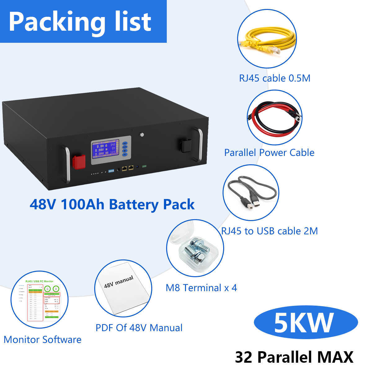 48V 100Ah 200Ah LiFePO4 Pack Battery 5KW 10KW Full Capacity 32 Parellel PC Monitor 6000 Cycle CAN RS485 EU US Stock No Tax