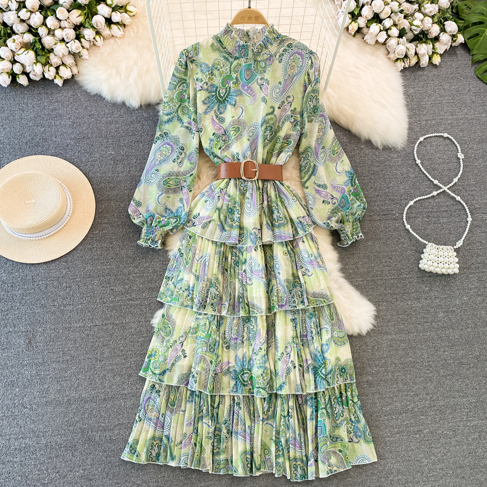 2023 Casual Dresses High Quality Vintage Beach Dress Women Stand Collar Long Lantern Sleeve Paisley Multilayer Cascading Party Chiffon Dress