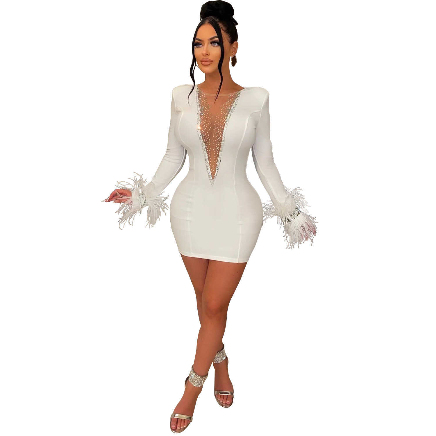 Sıradan Elbiseler Tüy Rhinestone Mesh Bodycon Mini Elbise Kadın Gece Kulübü Gezgin Kıyafetler Parti Akşam Seksi Elmas Prom Kısa Elbiseler P230407