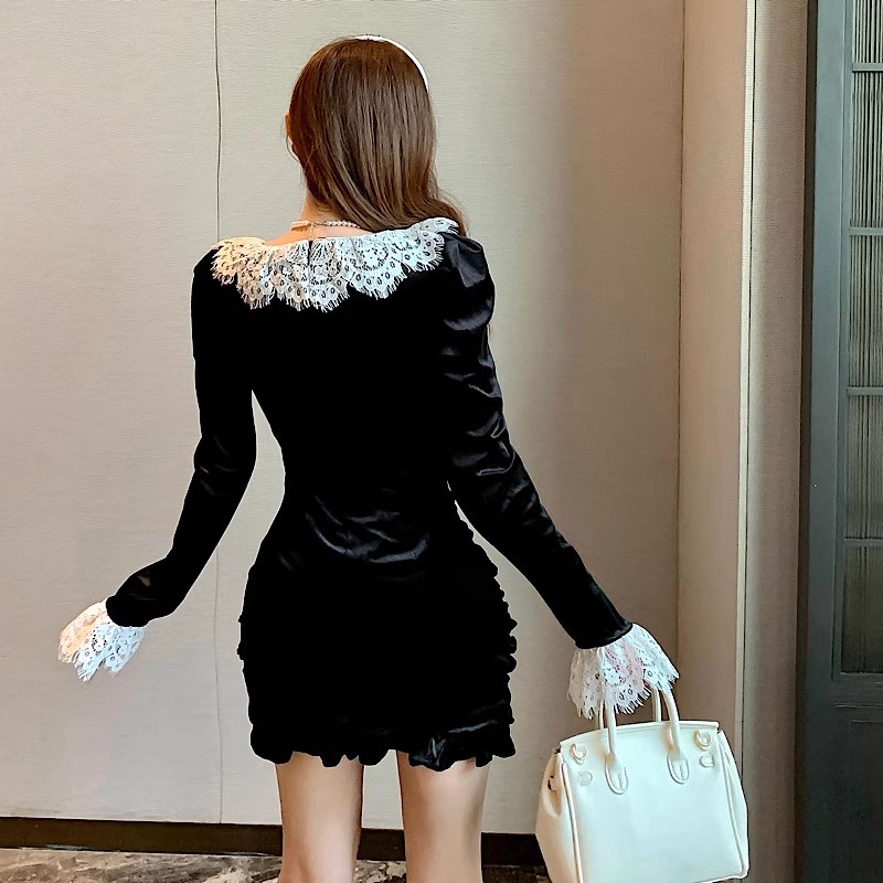 Women's square collar eyelash lace patched velvet sexy bodycon tunic drapped short dress SML