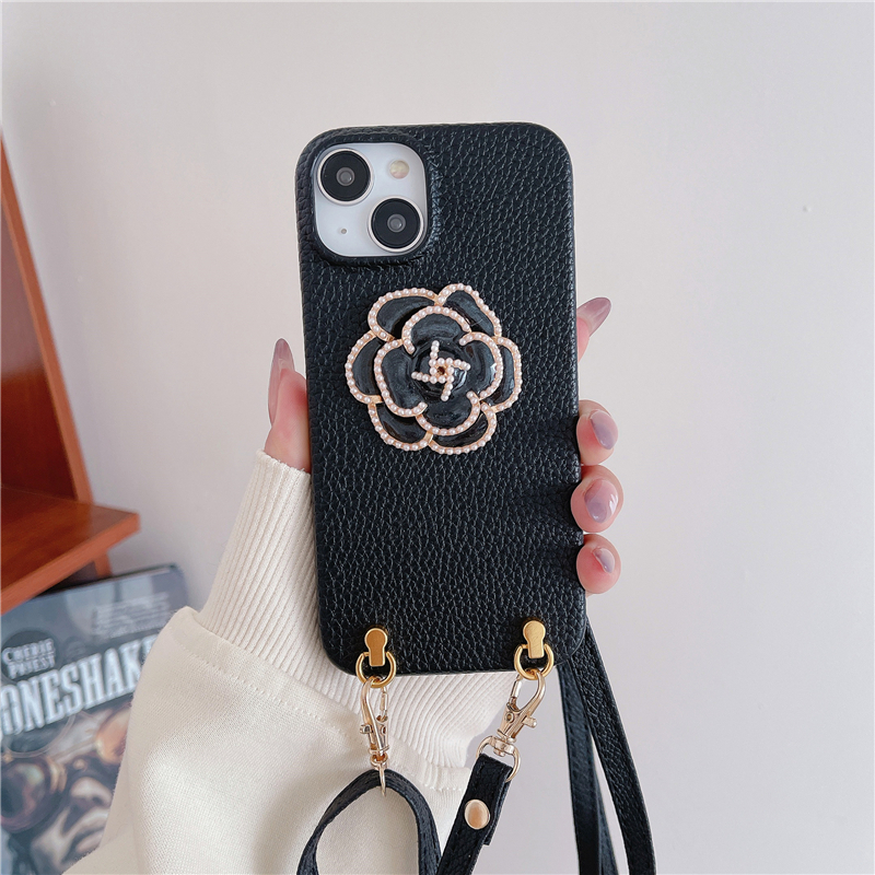 Ketting 3D Pearl Flower Vogue telefoonhoesje voor iPhone 14 13 12 11 Pro Max duurzaam verstelbaar lanyard lychee patroon lederen beschermende shell schokbestendigheid