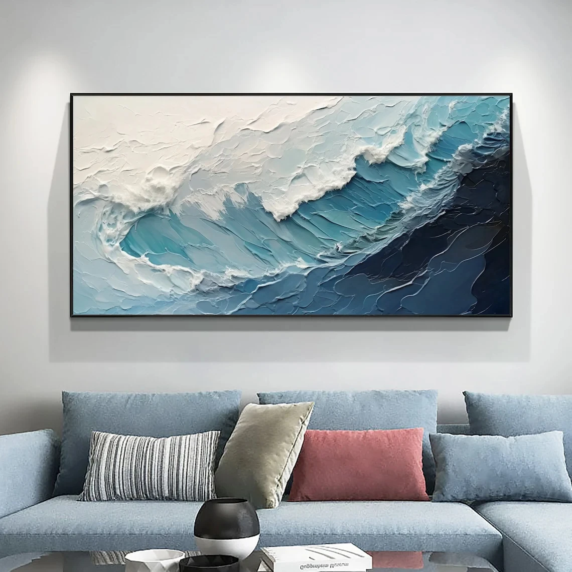 Peinture à l'huile sur toile de paysage marin de vague d'océan, grand tableau d'abstraction d'art mural, tableau de peinture de mer personnalisé pour décor de noël