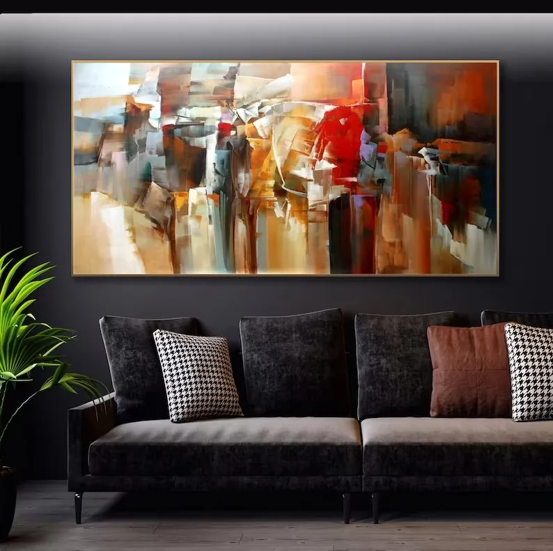 Hedendaagse abstracte muurkunst extra groot panoramisch olieverfschilderij op doek voor woonkamer hoteldecoratie met de hand geschilderd