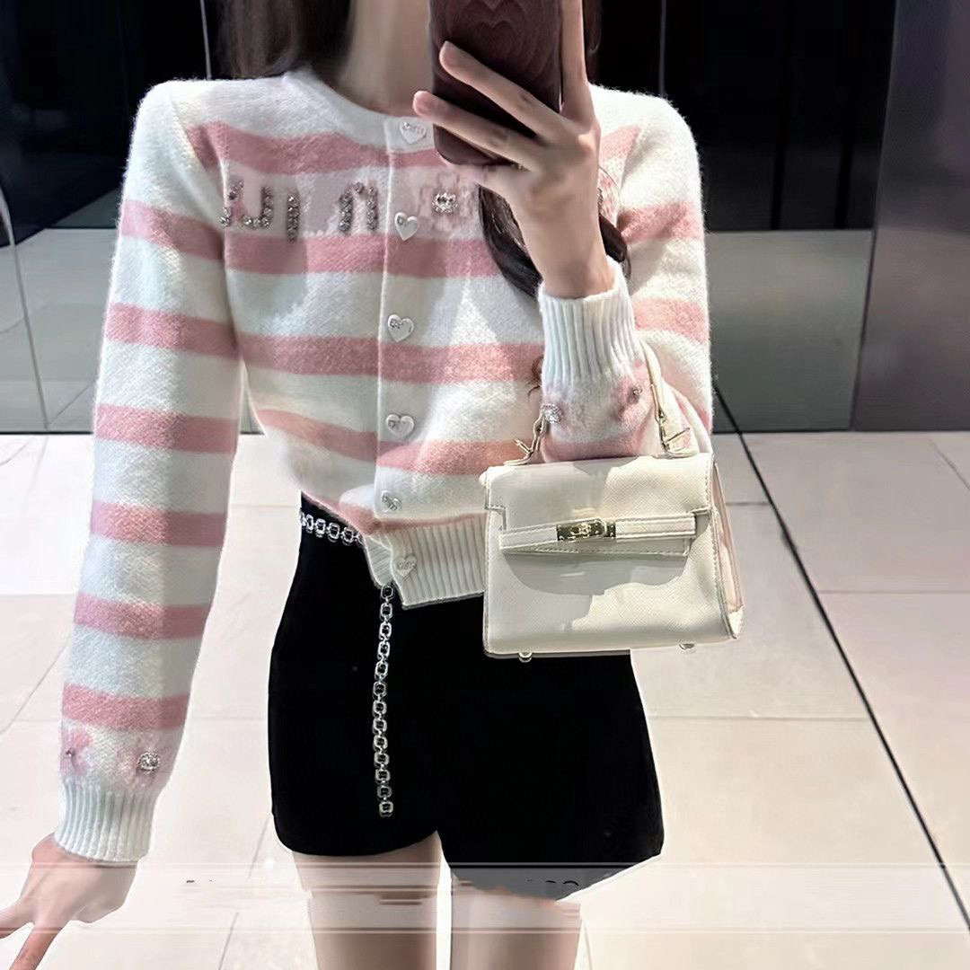 Women Sweater Luxury Brand V Neck Sticked Cardigans Sweater Pink Houndstooth Stick Long Sleeve Overdimensionerad Jumper Cardigan Coats