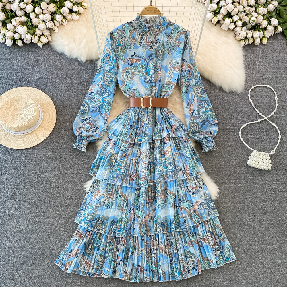 2023 Casual Dresses High Quality Vintage Beach Dress Women Stand Collar Long Lantern Sleeve Paisley Multilayer Cascading Party Chiffon Dress