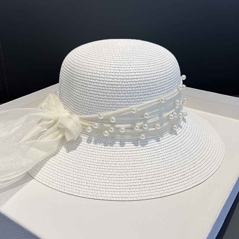 À la mode perle chapeaux de paille maille pare-soleil chapeau été femmes arc Protection solaire chapeau bord de mer pêcheur bassin chapeau