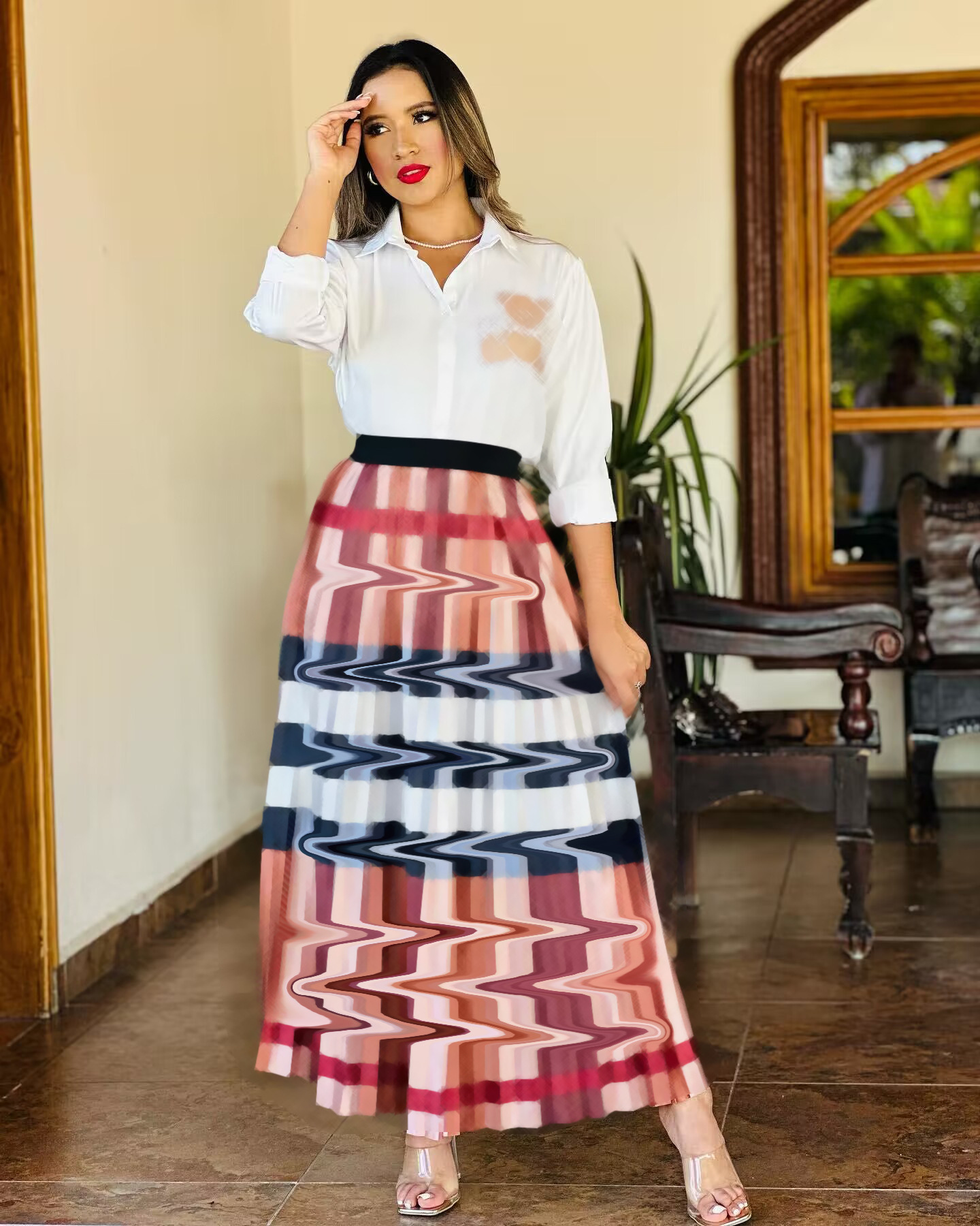 2023 Pleated Two Piece Dress Outfits Women Casual White Shirt and Maxi Skirt Sets Free Ship