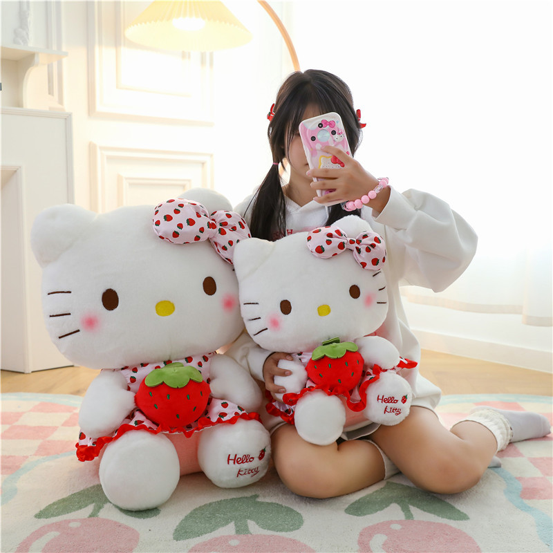 Jouet en peluche chat fraise mignon, jeu pour enfants, compagnon de jeu, cadeau de vacances, prix de machine à griffes, vente en gros