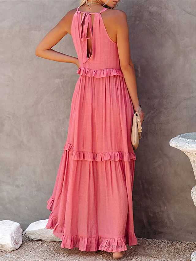 2023 Summer New Womens Maxi Dress Vacation Style Lotus Leaf Edge Long Dress Sexy Sleeveless Beach Skirt For Women