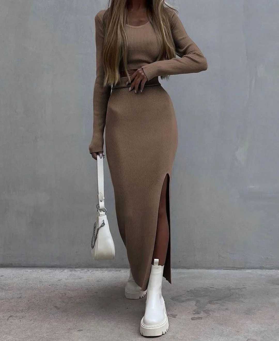 ツーピースドレス女性ニットセータースカートスーツY2Kファッション長袖