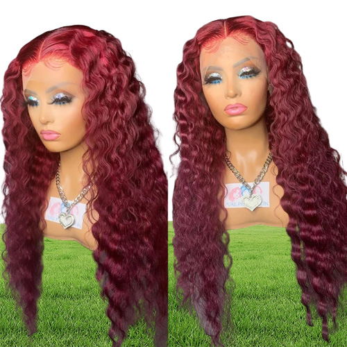 Deep Wave Frontal None кружевные парики вино красное 613 светло -светло -цветные волосы бразильские человеческие волосы для чернокожих женщин Синтетическая вода волнистая парик косплей 1777922