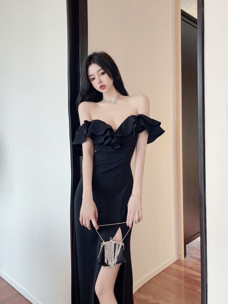 Sexy off-the-Shoulder Dress Long Dress for Women Summer Ruffles Elegant Socialite High Slit Evening Dress High-End