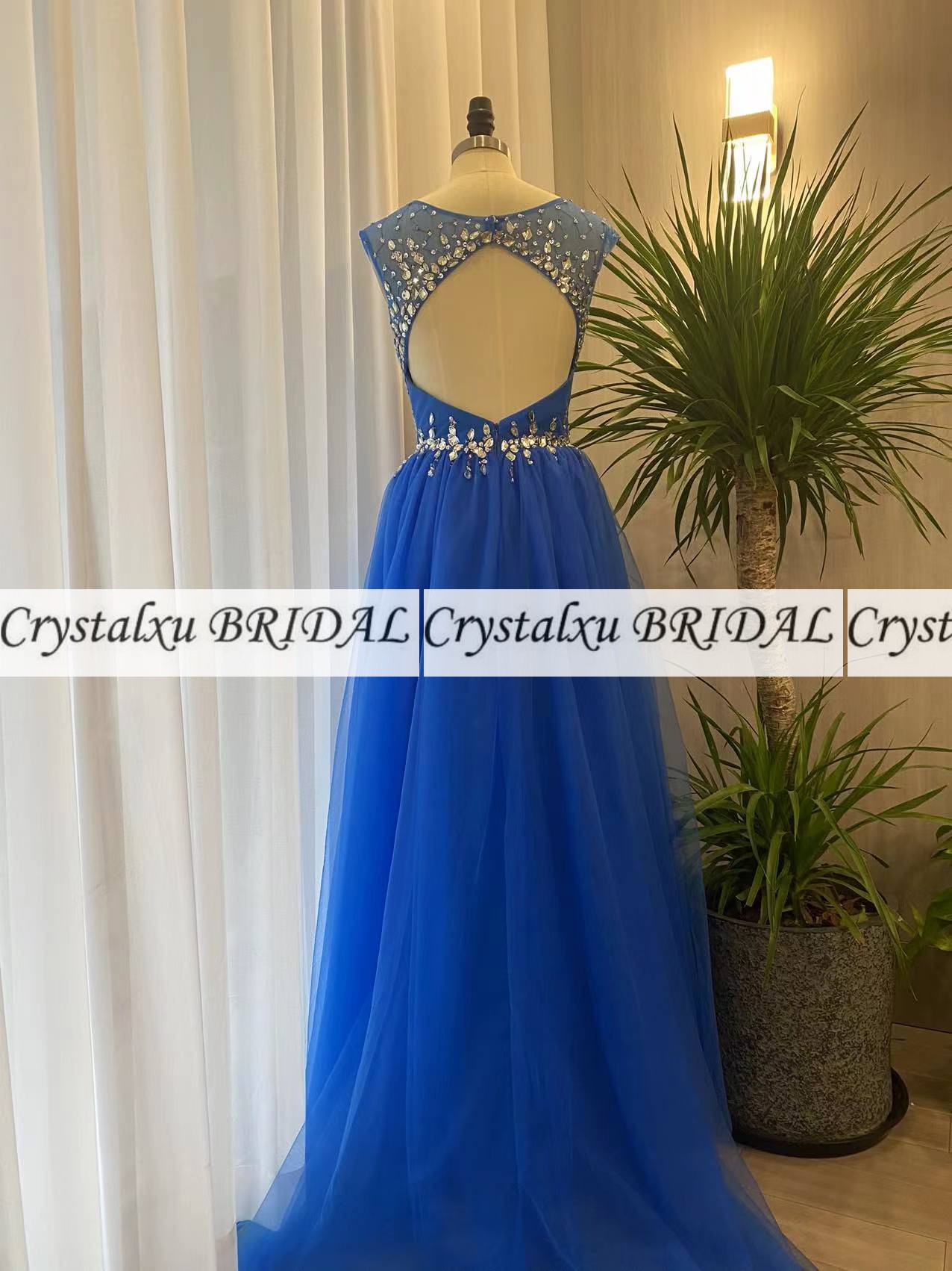 2023 Royal Blue Prom Kleider Sexy A Line Illusion Silber Kristall Perlen Flügelärmel Formelles Partykleid Hohlkreuz Plus Size Abendkleider Echtes Bild