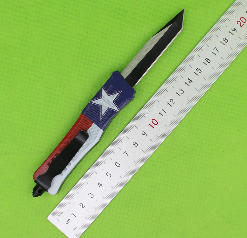 Högkvalitativ enstjärnig flagga 7 tum 616 mini Automatisk taktisk kniv 440C Black + Wire Drawing Blade Zink-aluminium Alloy Handle EDC Pocket Knives