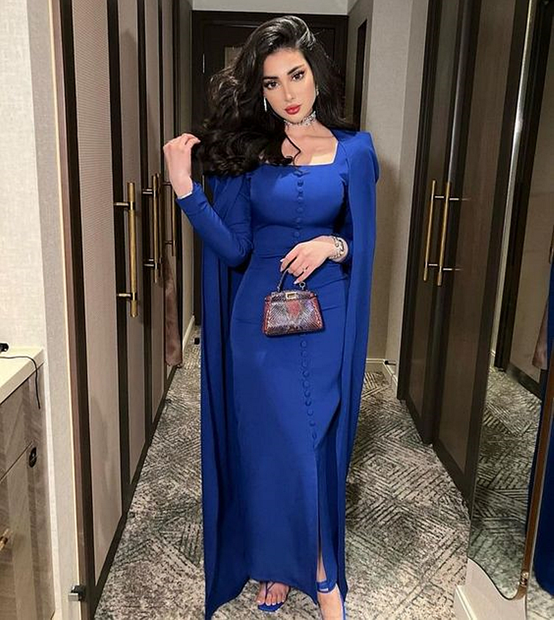 Elegante Royal Blue Bainha Vestidos de Noite com Cabo Mangas Compridas Pescoço Quadrado Frente Dividir Simples Vestido de Baile Botão Coberto 2024 Dubai Mulheres Vestidos de Ocasião Formal