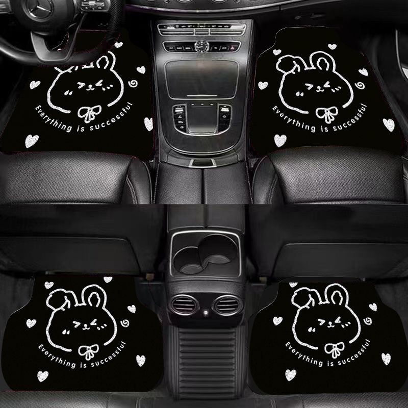 Tapis de sol de voiture design avec anneau en soie, dessin animé, fleur noire et blanche, intérieur classique avec impression de vieilles fleurs, ensemble de 4 pièces, facile à nettoyer, résistant à la saleté, tapis de pied universel