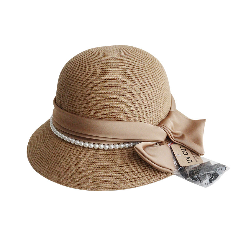 Summer Pearl Bow Hats Dome Sunshade Straw Hat Women High Quality Fisherman Hat Grass Woven Travel Beach Hats Caps