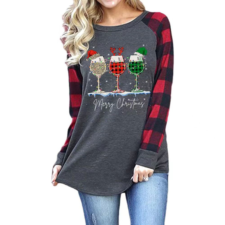 Diseñador de Navidad Camisetas de mujer Camisas de venado a cuadros rojos verdes Tops de mujer Tops de hip hop Camisetas a rayas con letras de Navidad Blusa informal Camisas de manga larga de moda