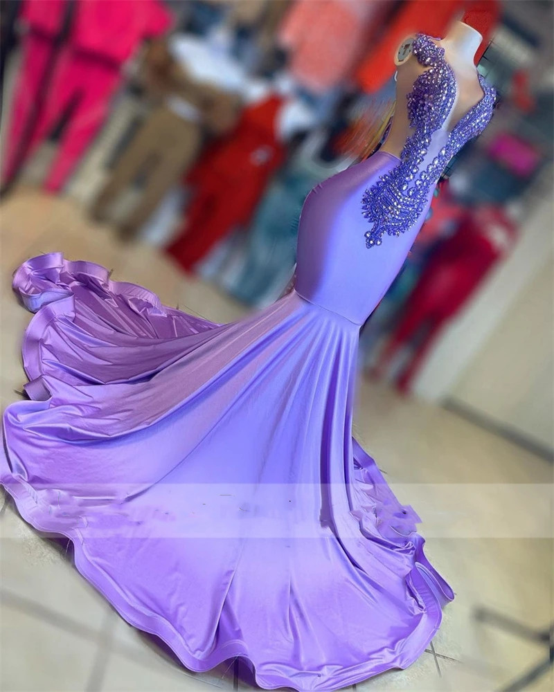 2023 Sparkly Sexy Prom Dresses Deep V Neck Purple Crystal Beads Rhinestone Illusion Mermaid Evening Dress Plus Size Party Gowns For African Women