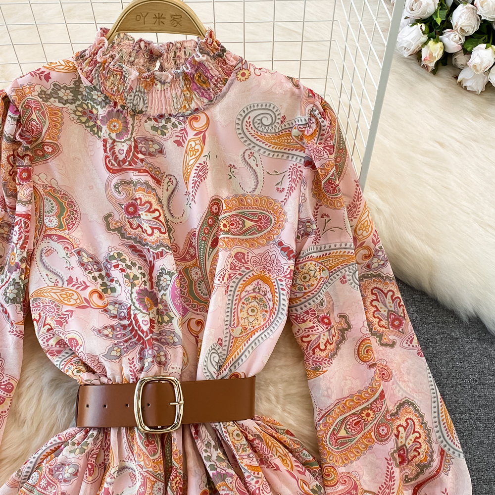 2023 Casual Dresses High Quality Vintage Beach Dress Women Stand Collar Long Lantern Sleeve Paisley Multilayer Cascading Party Chiffon Dress