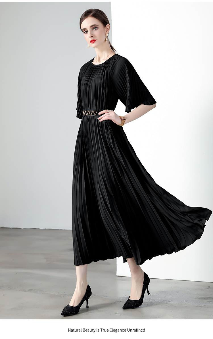 2023 Casual Dresses New Summer Pleated Long Dress Women O-NeckLace-up Belt Solid Loose Large Size Splicing Vintage Slim A-Line Dress