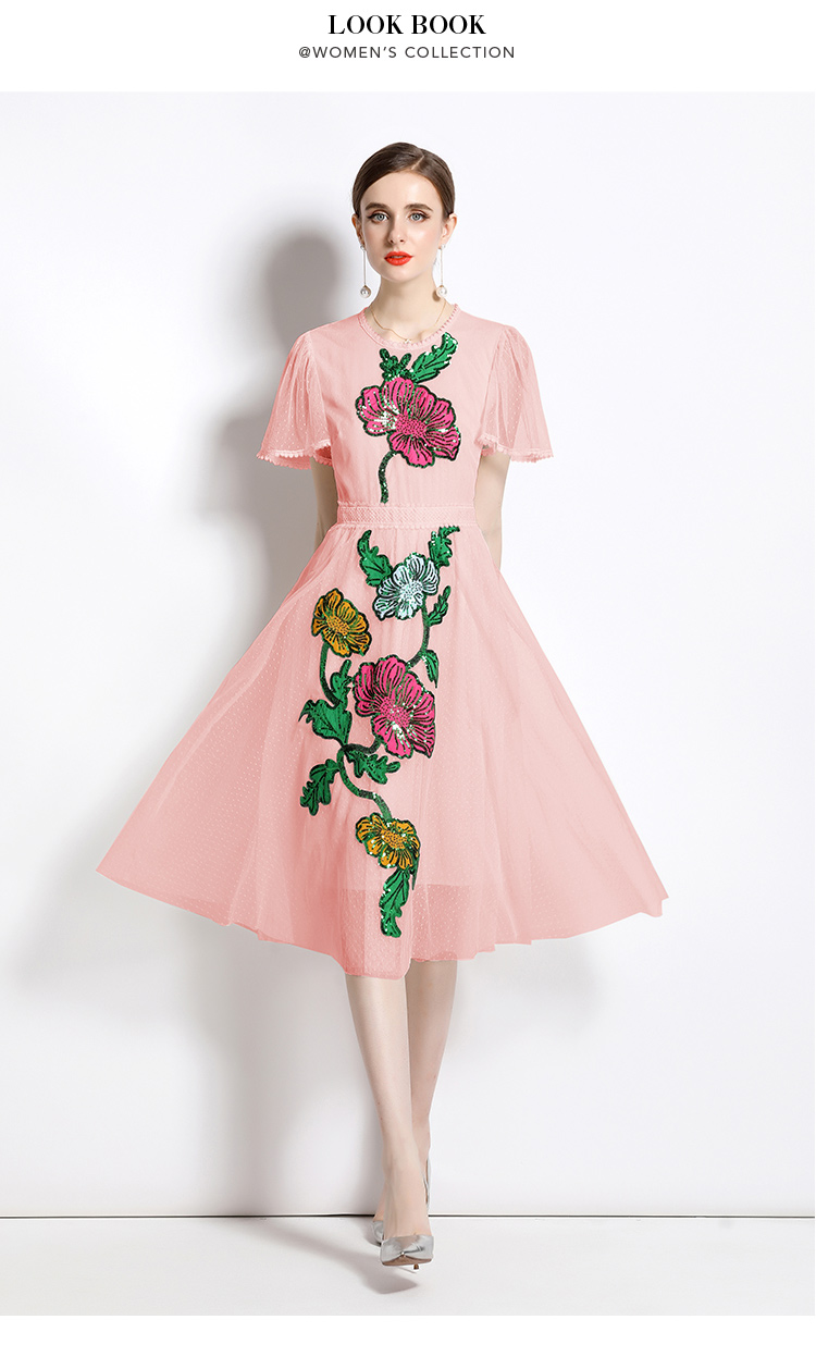 2023 Casual Dresses Women Summer Fashion Runway Midi Dress Butterfly Sleeve Flower Embroidery Ladies Slim A-Line Mesh Dresses Vestidos