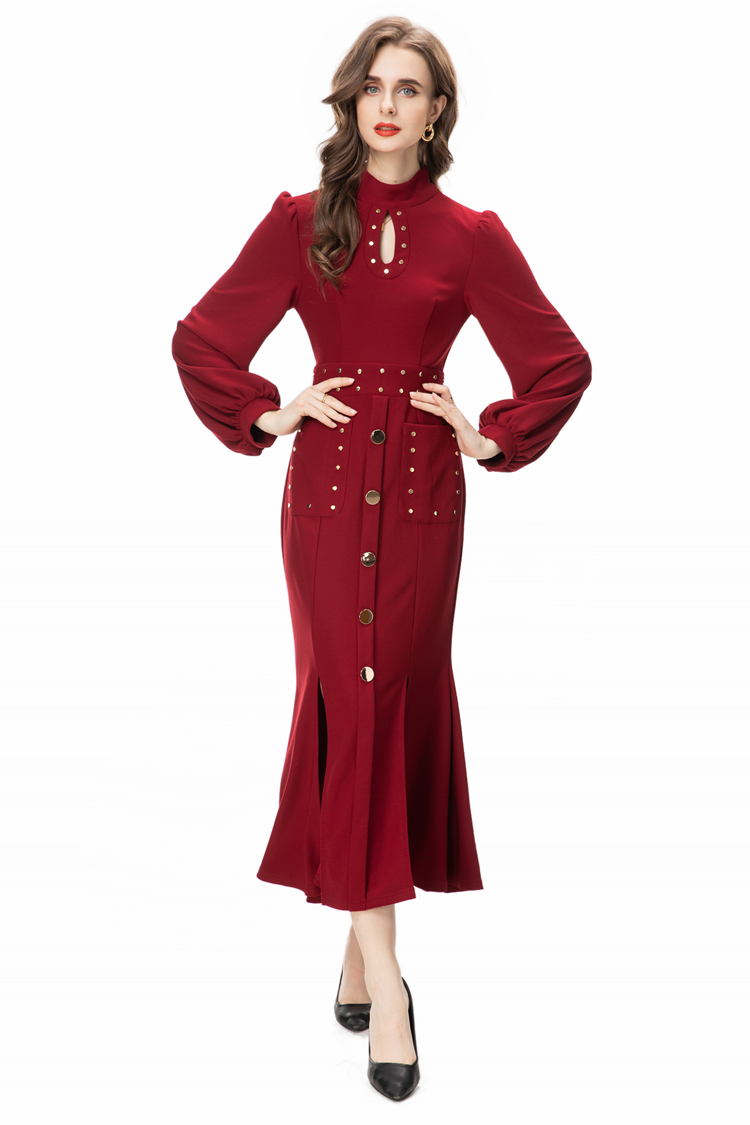 Women's Runway Dresses Stand Collar Long Sleeves Sexy Keyhole Rivet Knitted Fashion Designer Mid Vestidos