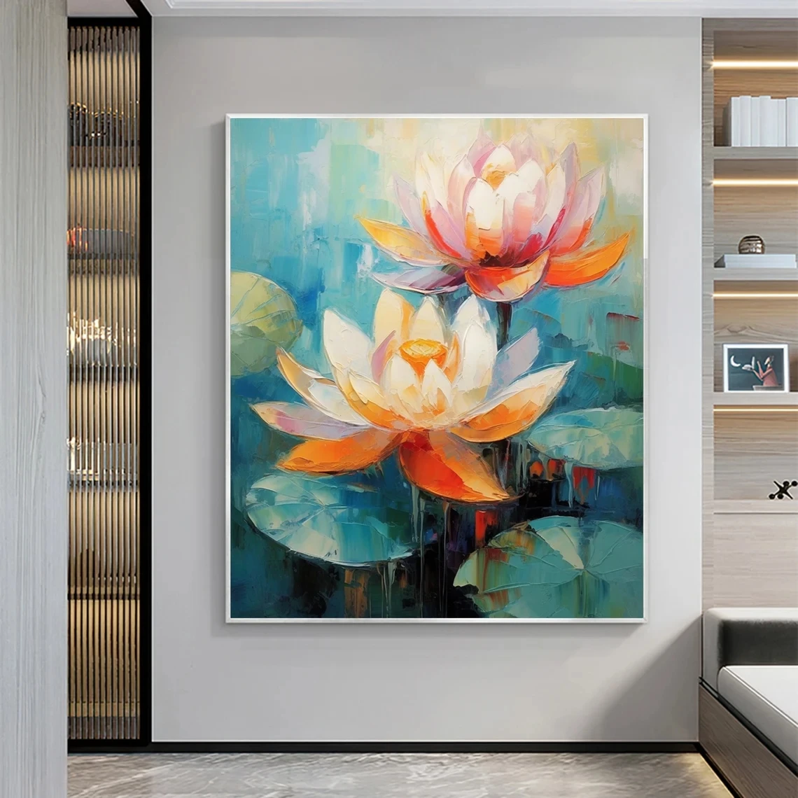 Pintura abstrata de óleo de flor de lótus na tela, grande imagem de arte de parede para quarto, pintura floral rosa, moderno, presente de decoração