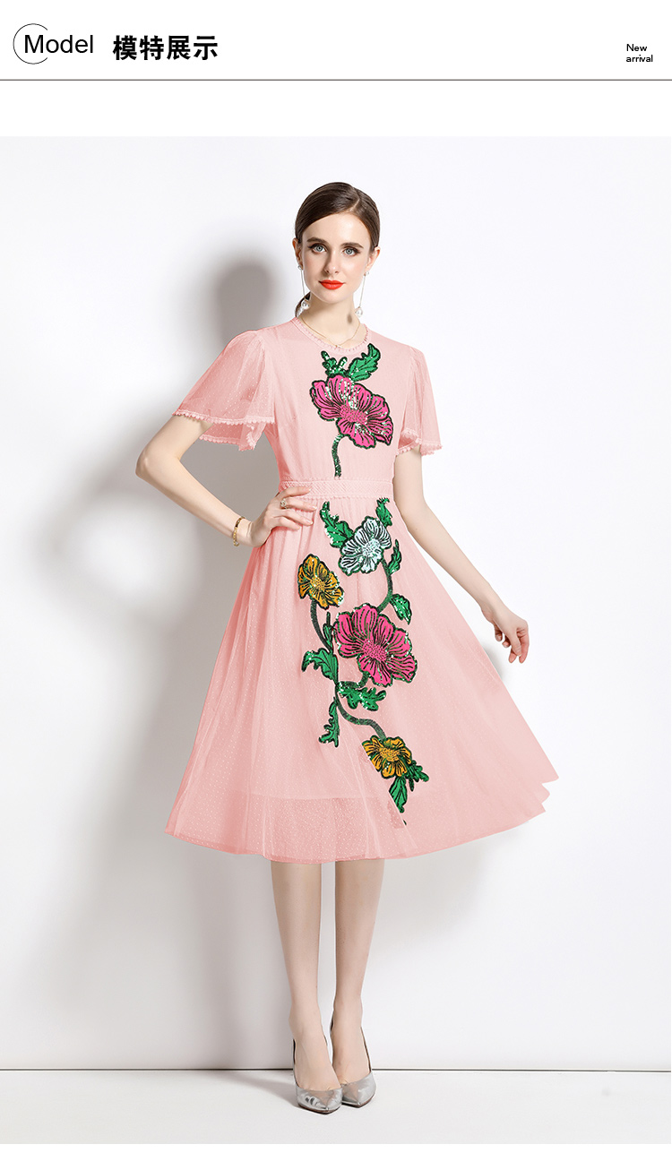 2023 Casual Dresses Women Summer Fashion Runway Midi Dress Butterfly Sleeve Flower Embroidery Ladies Slim A-Line Mesh Dresses Vestidos