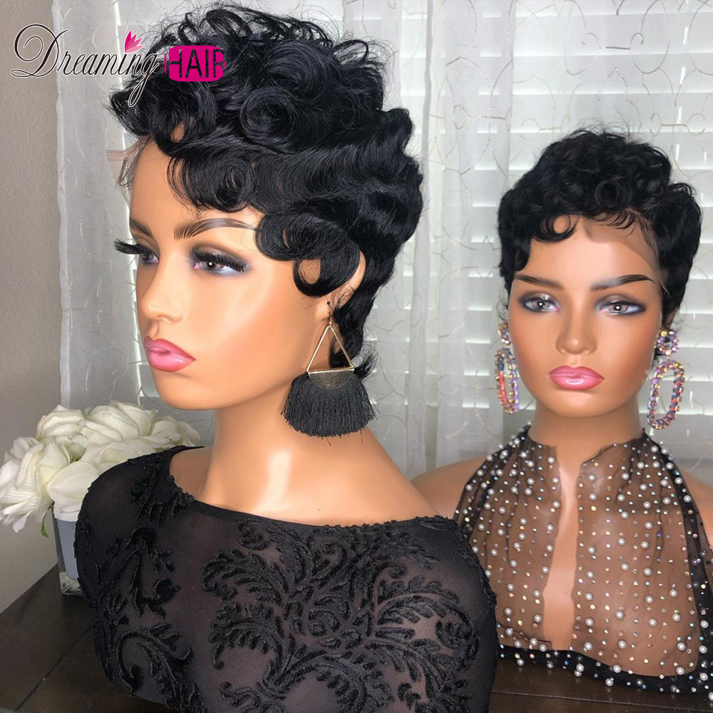 Brazilian Short Pixie Cut Wig Human Hair Curly Wigs for Black Women None Full Lace Front Finger Waves Hairstyles