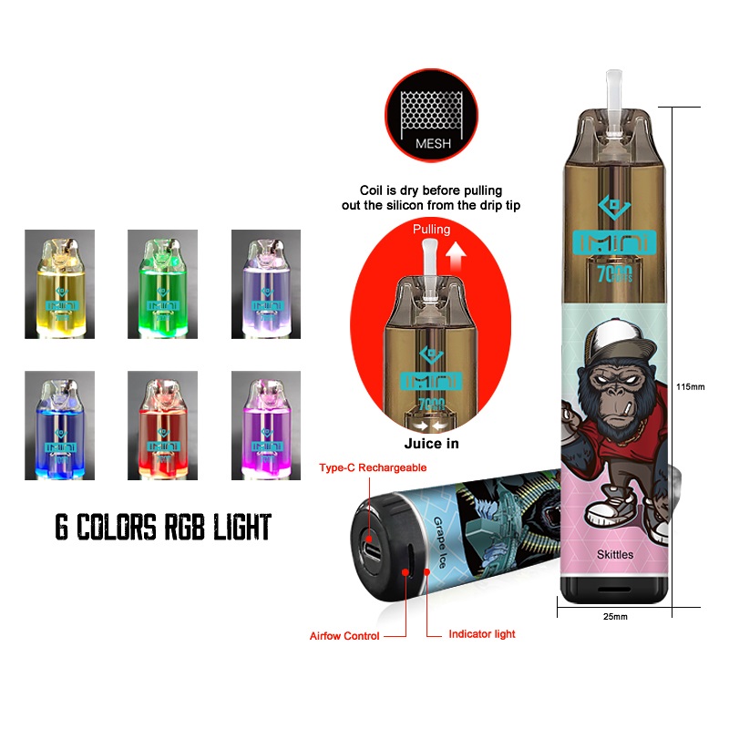 Autentisk Shenzhen Imini Vape Tornado 7000 Puffs Electronic Cigarettes Disponible Device 15 ML Capacity 850mAh Airflow Justerbar Mesh Coil 0% 2% 5% 7000 8000 9000 Puff Puff