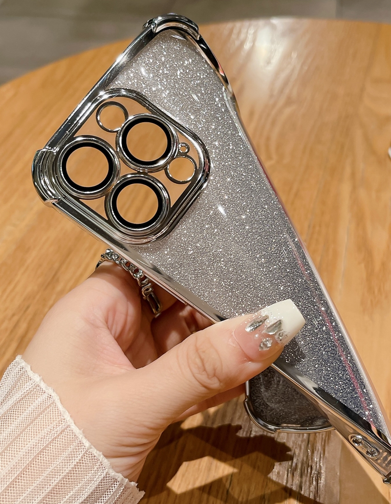Bling Glitter iPhone 15 için Şok geçirmez Kılıflar Artı 14 Pro Max 13 12 11 Lüks Metalik Lens Koruyucusu Dört Köşe Gradyan Kaplama Chromed Yumuşak TPU İnce Delik Kapağı