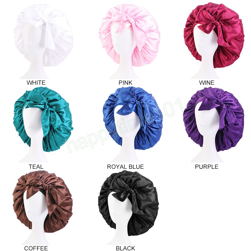 Stor satinhuvning Silky Night Sleep Caps For Women Bonnets Hårfolie med justerbara remmar Curly Braid Hair