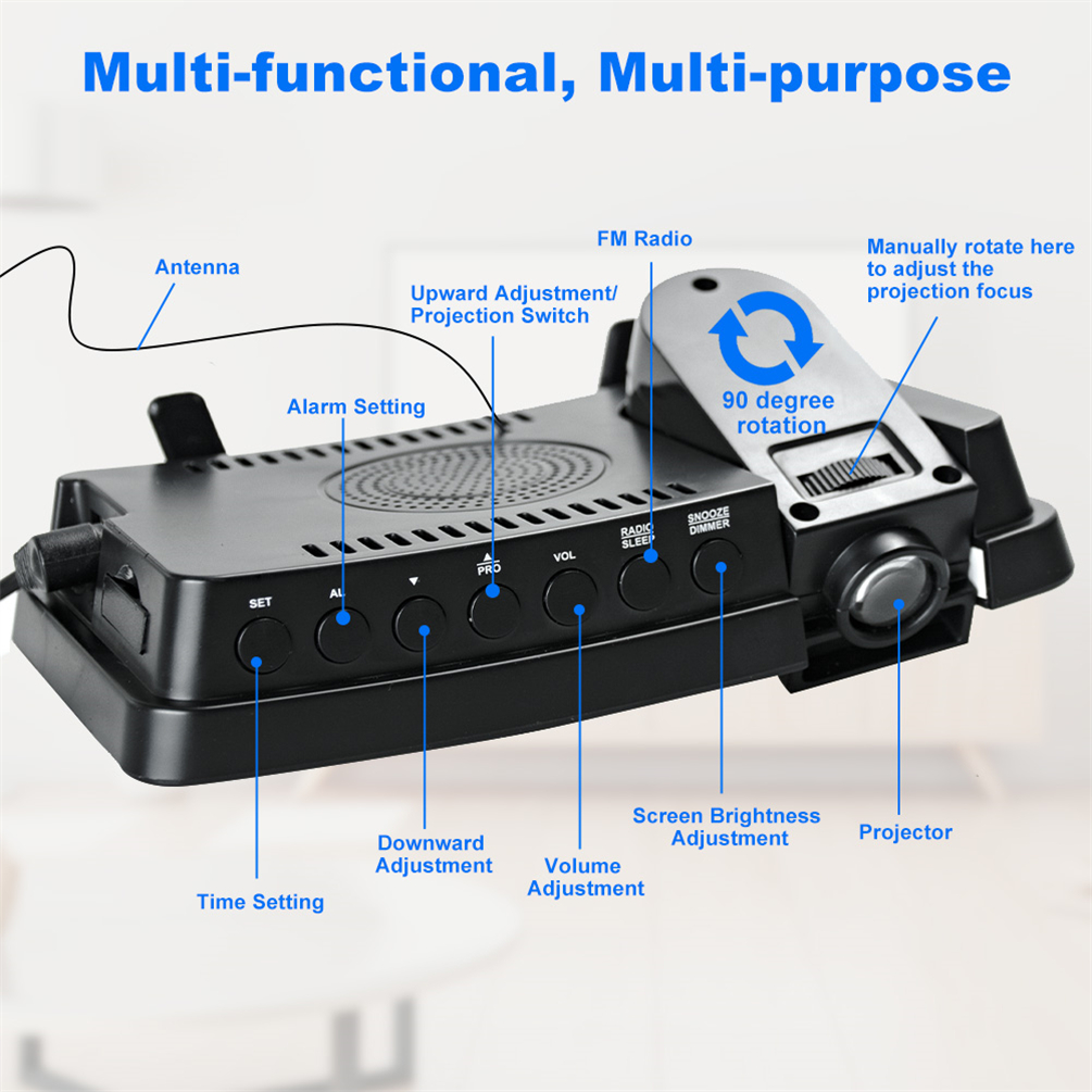 Timer Projektionswecker Große digitale LED-Anzeige Snooze UKW-Radio USB-Uhr mit um 180° drehbarem Projektor, 3-Stufen-Helligkeitsdimmer, Schlafzimmer