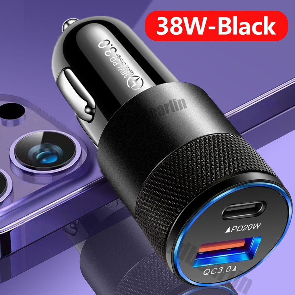 Snabbladdning 38W Dual Ports USB C Car Charger PD 20W Typ C Auto Power Adapters 12W för iPhone 14 15 Pro Max Samsung Tablet PC Mp3