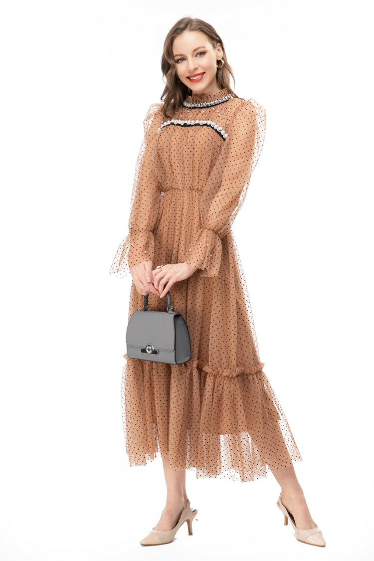 Women's Runway Dresses Stand Collar Long Sleeves Beaded Polka Dots Layered Fashion Vestidos