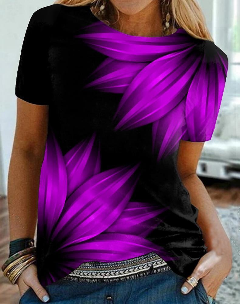 レディースTシャツの抽象葉美しい夏のプリント女性ベーシックビンテージクルーネックルーズプラスサイズ230408