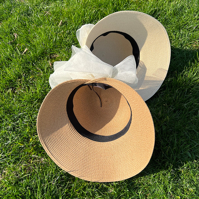 Chapeaux de paille en dentelle de perles d'été pour femmes, chapeau de plage à nœud papillon, pare-soleil, protection solaire, vente en gros