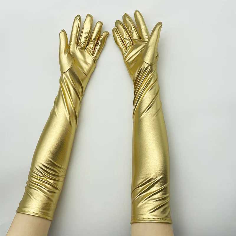 Fingerless Gloves Gold Silver Wet Look Fake Leather Metallic Gloves Evening Party Performance Mittens Women Sexig armbågslängd Lång latexhandskar231017