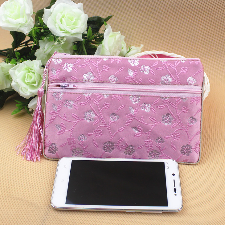 Custom Double Zipper Pouch Jewelry Makeup Stoage Bags for Travel Chinese Silk Brocade Purses Cell Phone Cloth Pouch Whole 272P